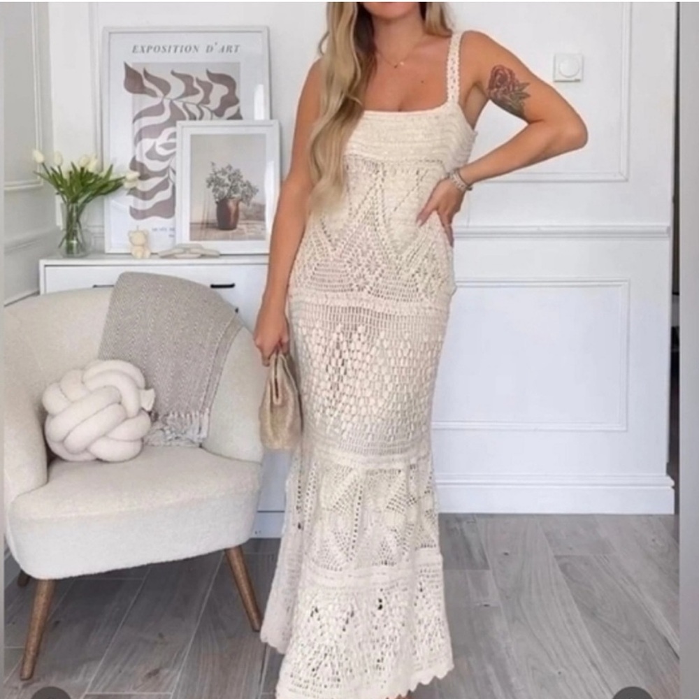 Zara sequin  Cream Crochet Maxi Dress